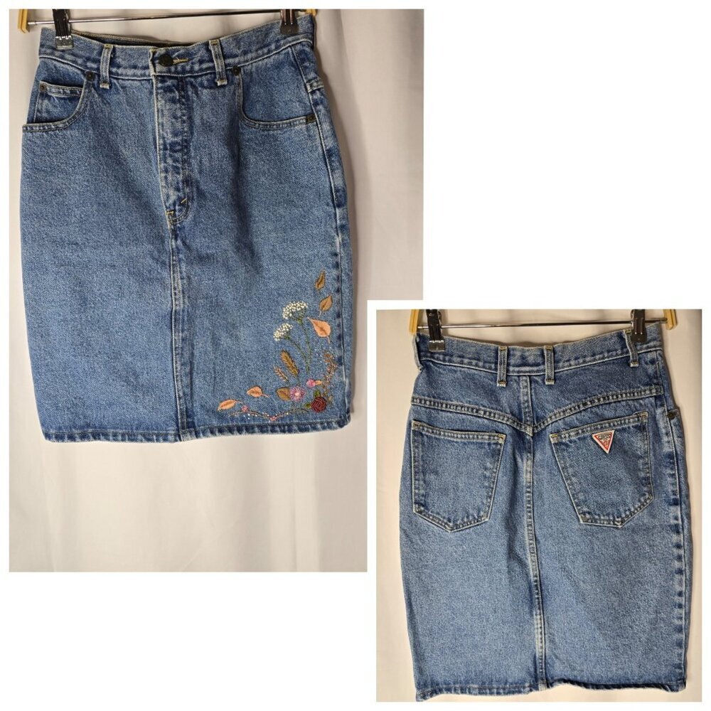 Vintage Guess by Georges Marciano Denim Floral Embroidered Skirt Size 31 *Read*